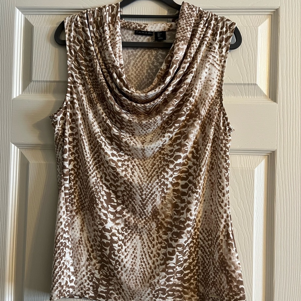 Tahari Brown and Cream Leopard Print Cowl Neck Top